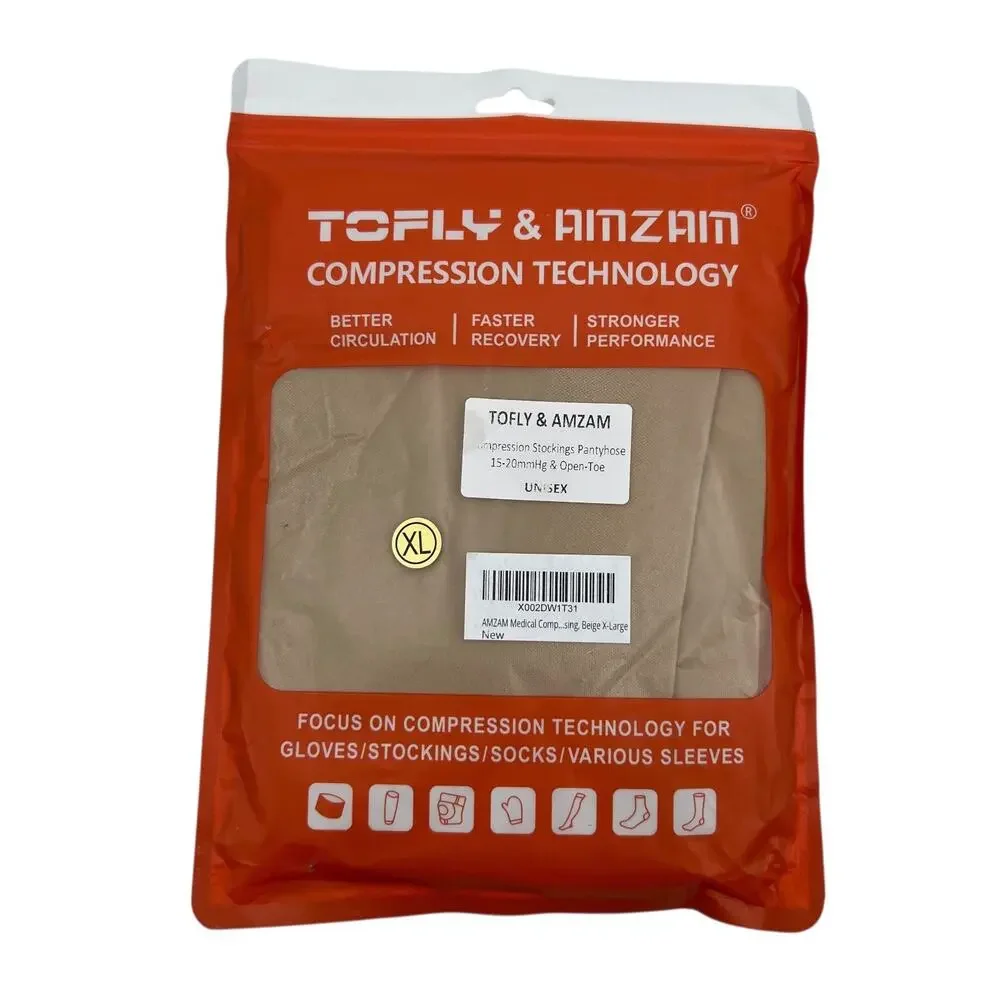 Tofly & Amzam Pantyhose Womens XL Beige Compression Stocking Open Toe Pantyhose